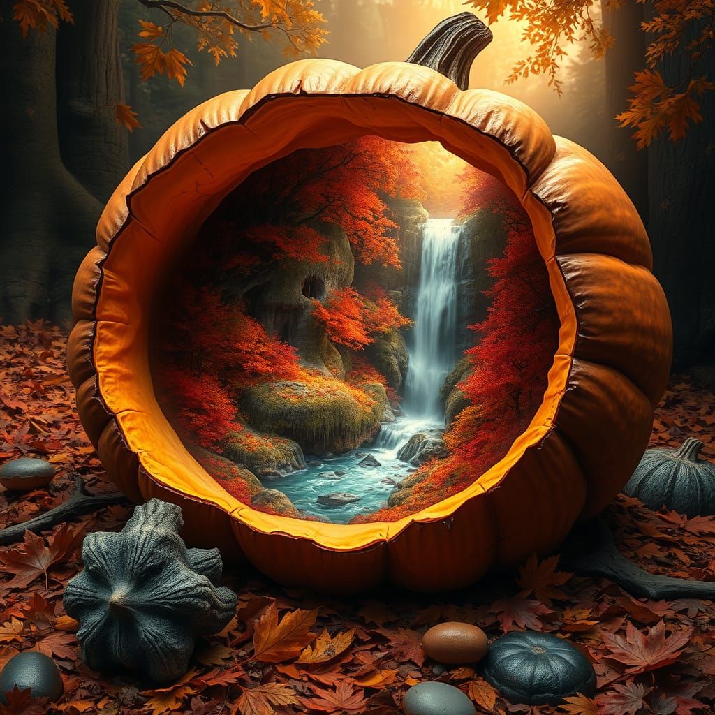 Miniature Autumn Forest Inside Cracked Pumpkin