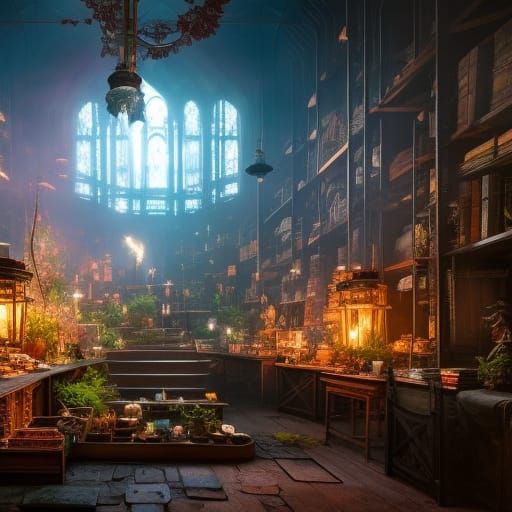 Hyperdetailed Magic Shop Interior with Neon Glow