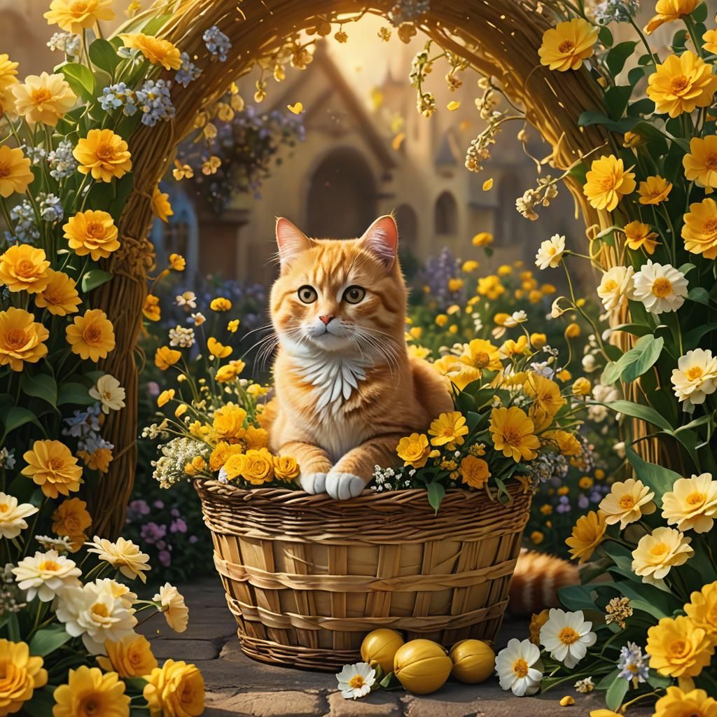 Yellow Cat in Basket of Flowers: Digital Painting