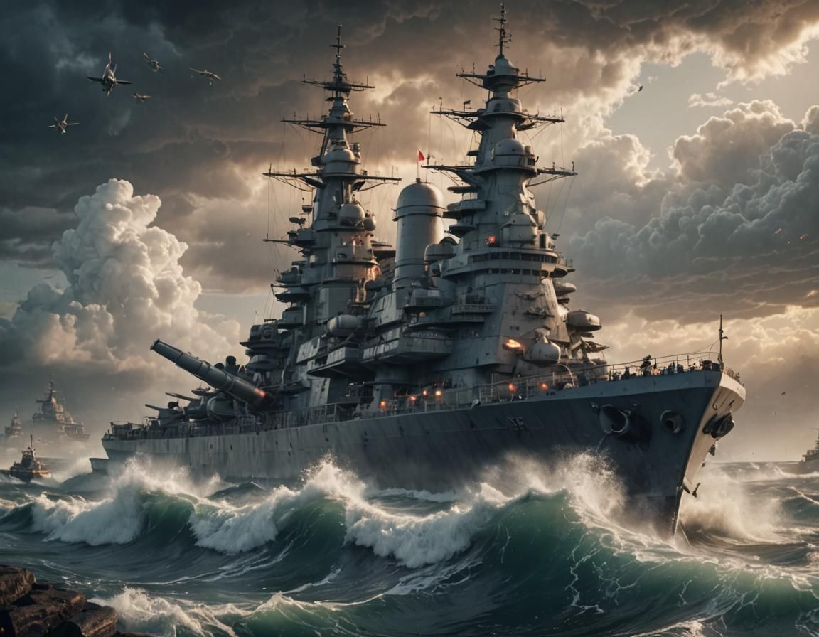 Battleship in Rough Sea: 3D Cinematic Rendering