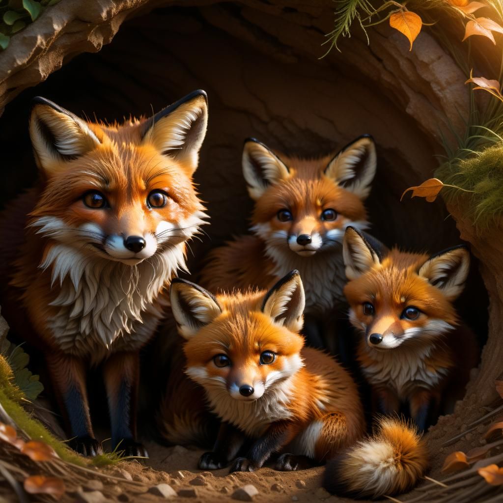 Chibi Fox Family Portrait in Burrow, Hyperdetailed