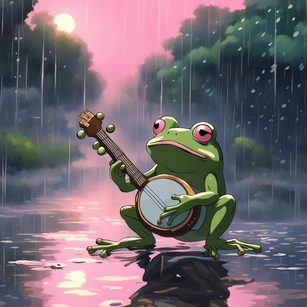 Frog Plays Banjo in Rainy Anime Style