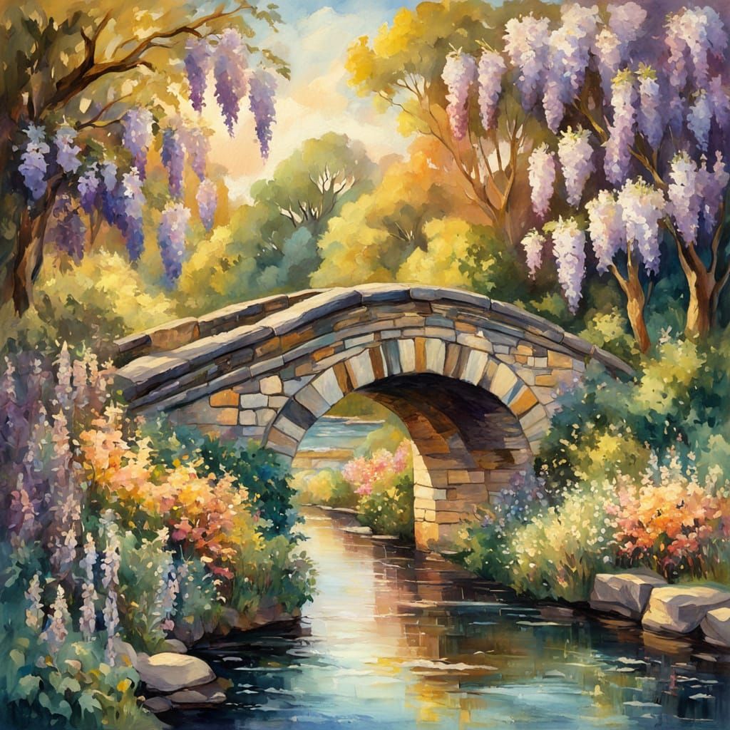 English Stone Bridge with Wisteria in Impressionist Style