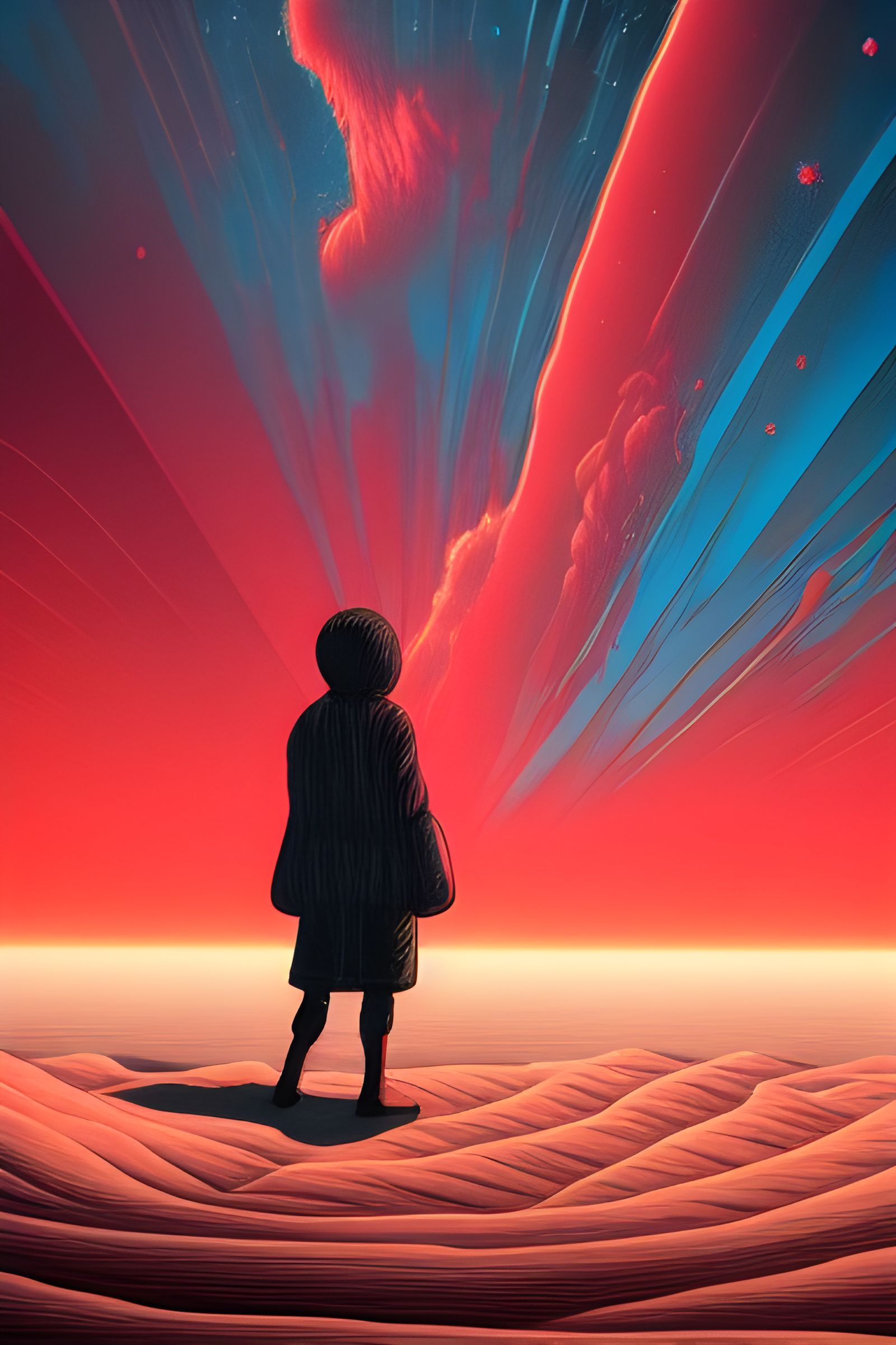 Lonely Figure in Surreal Sci-Fi Landscape