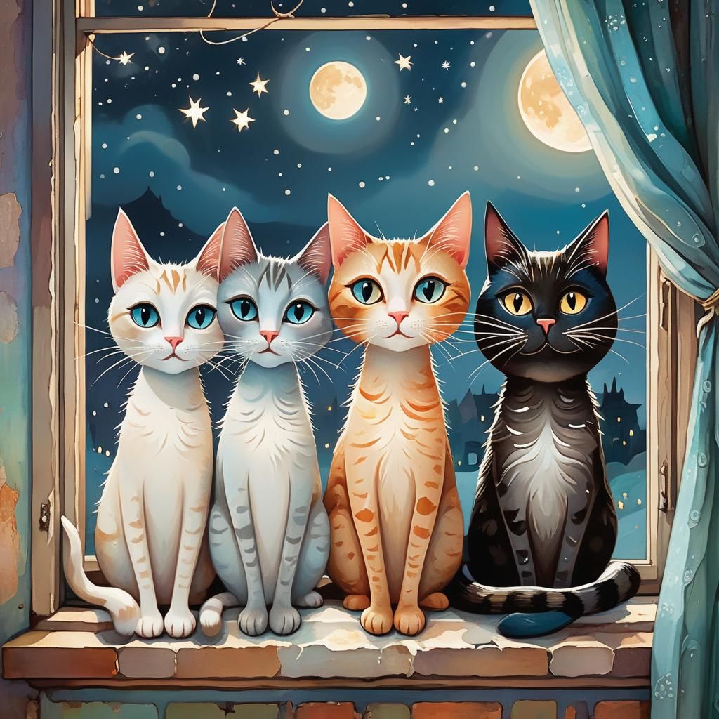 Whimsical Cats on Windowsill in Magical Moonscape