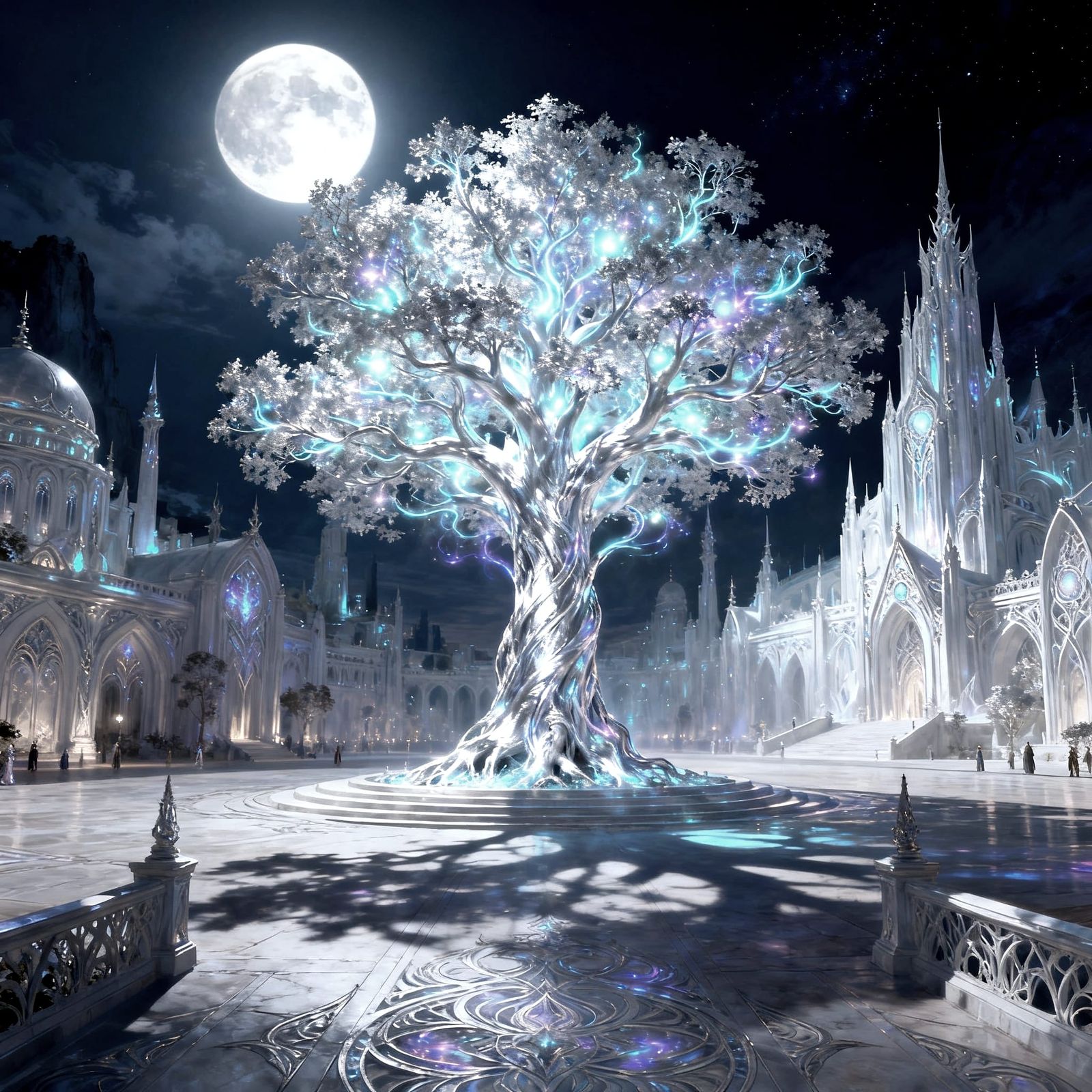 Glowing Silver Tree in Elven City Square