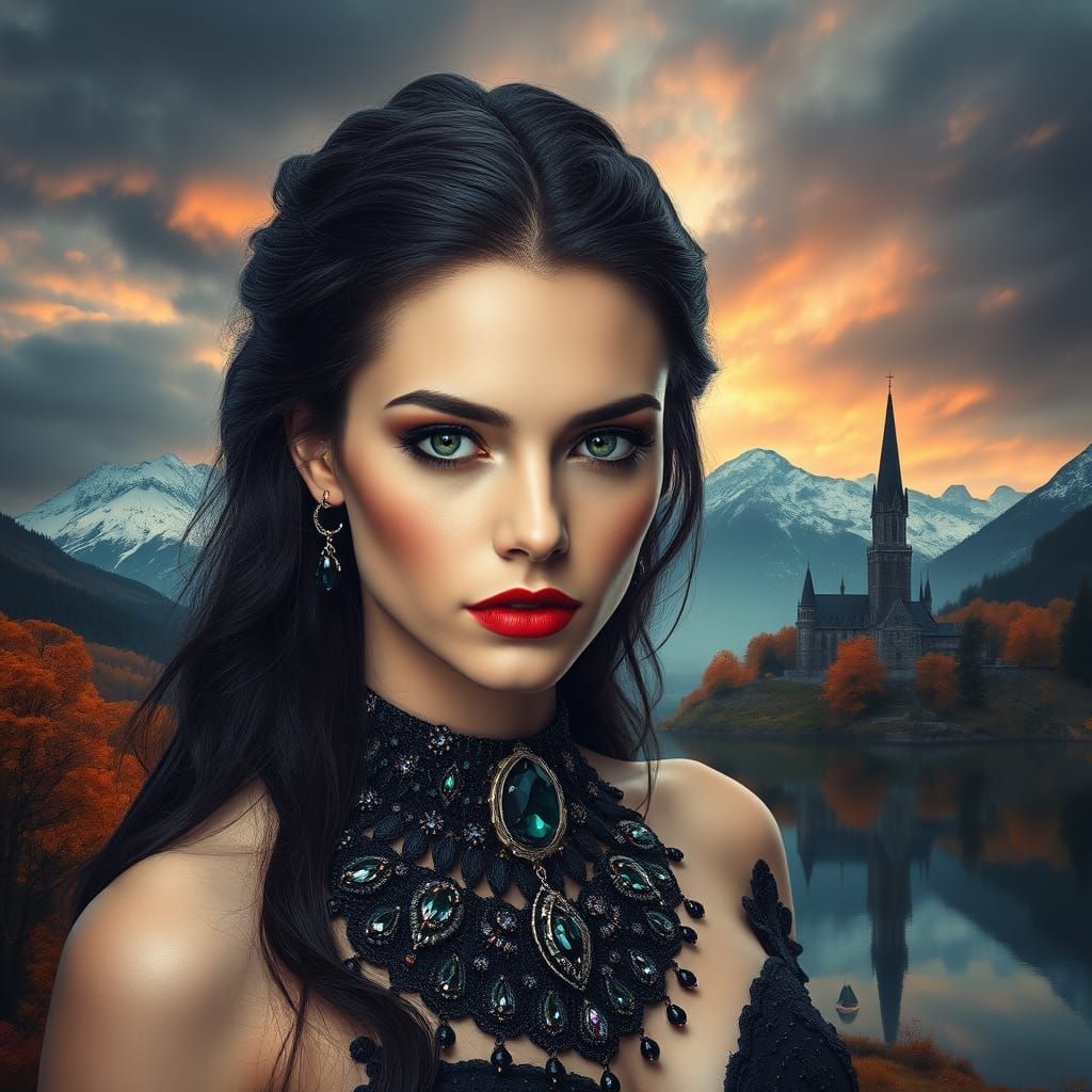 Mystical Woman in Autumn Landscape, Digital Art