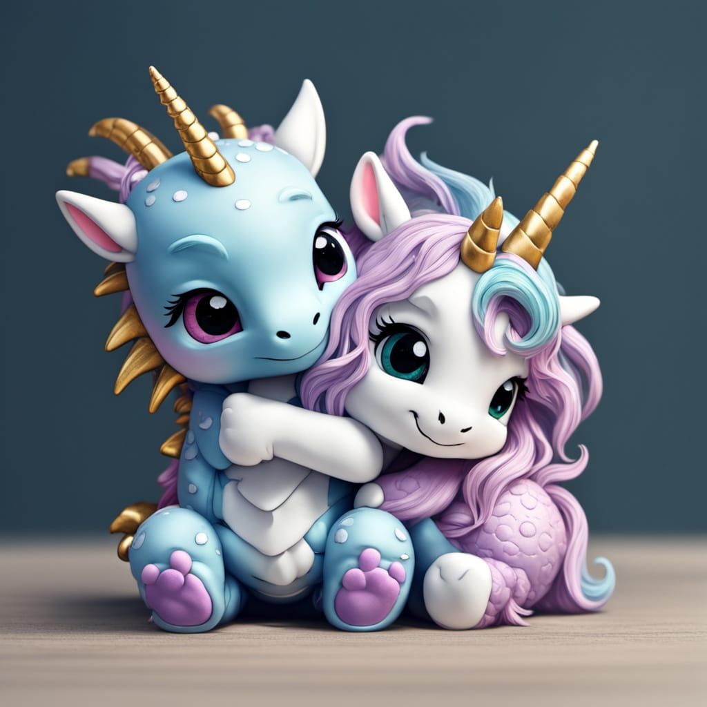 Chibi Dragon Hugs Tiny Unicorn in Whimsical Scene
