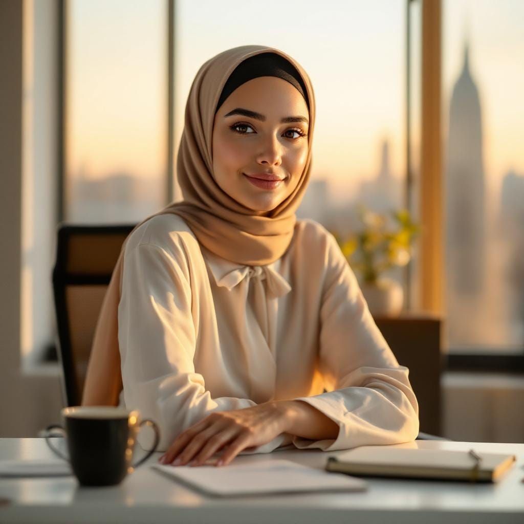 Confident Hijabi Woman in Minimalist Office, Photorealistic ...