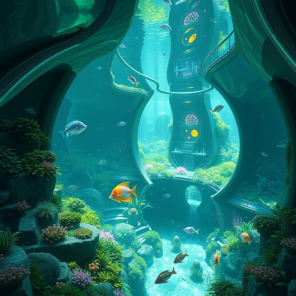 Futuristic Underwater City Habitat with Marine Life