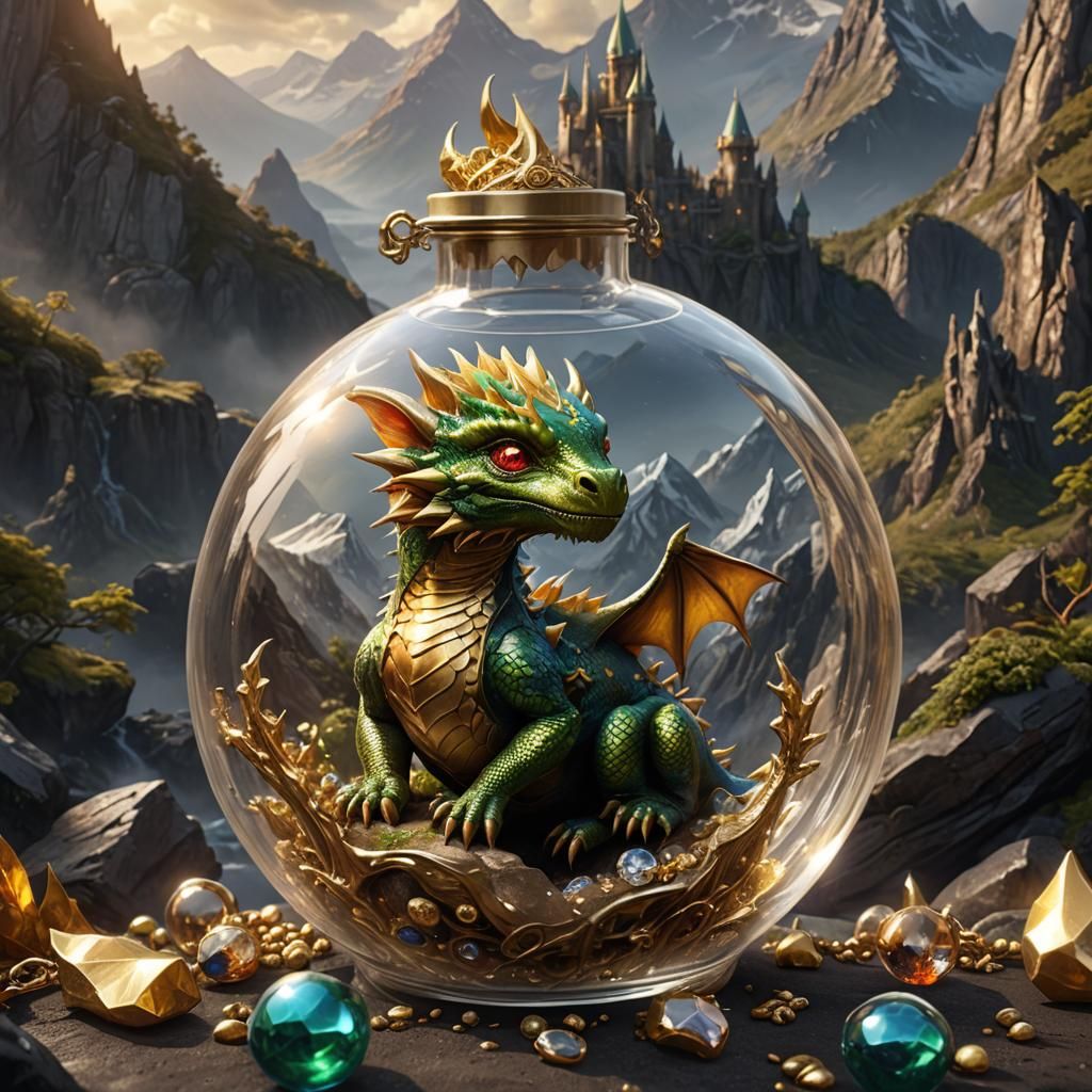 Baby Dragon in a Bottle, Fantasy Concept Art
