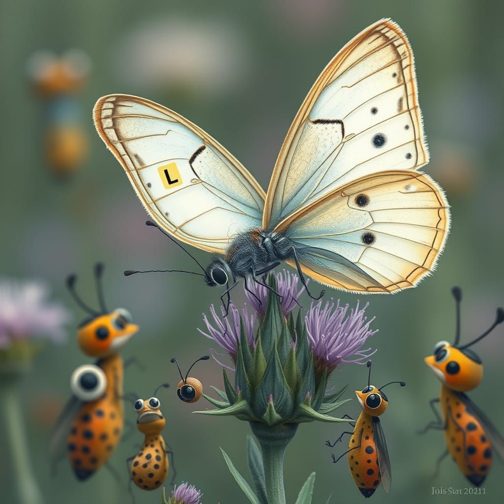 Butterfly's First Flight: A Whimsical Insect Scene