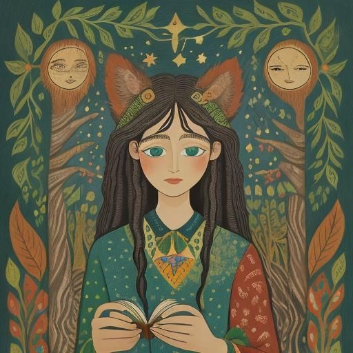 Children and Animals in Whimsical Naive Art Forest