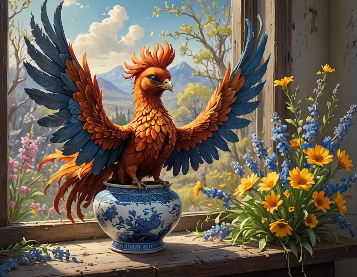 Whimsical Phoenix Landing, Detailed Matte Painting