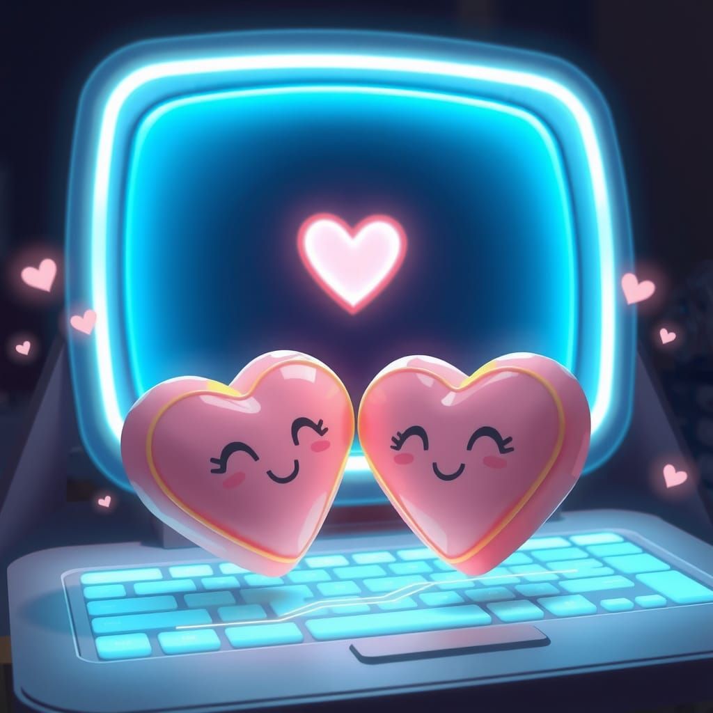 Whimsical Candy Hearts in Love with Neon Glowing Computer