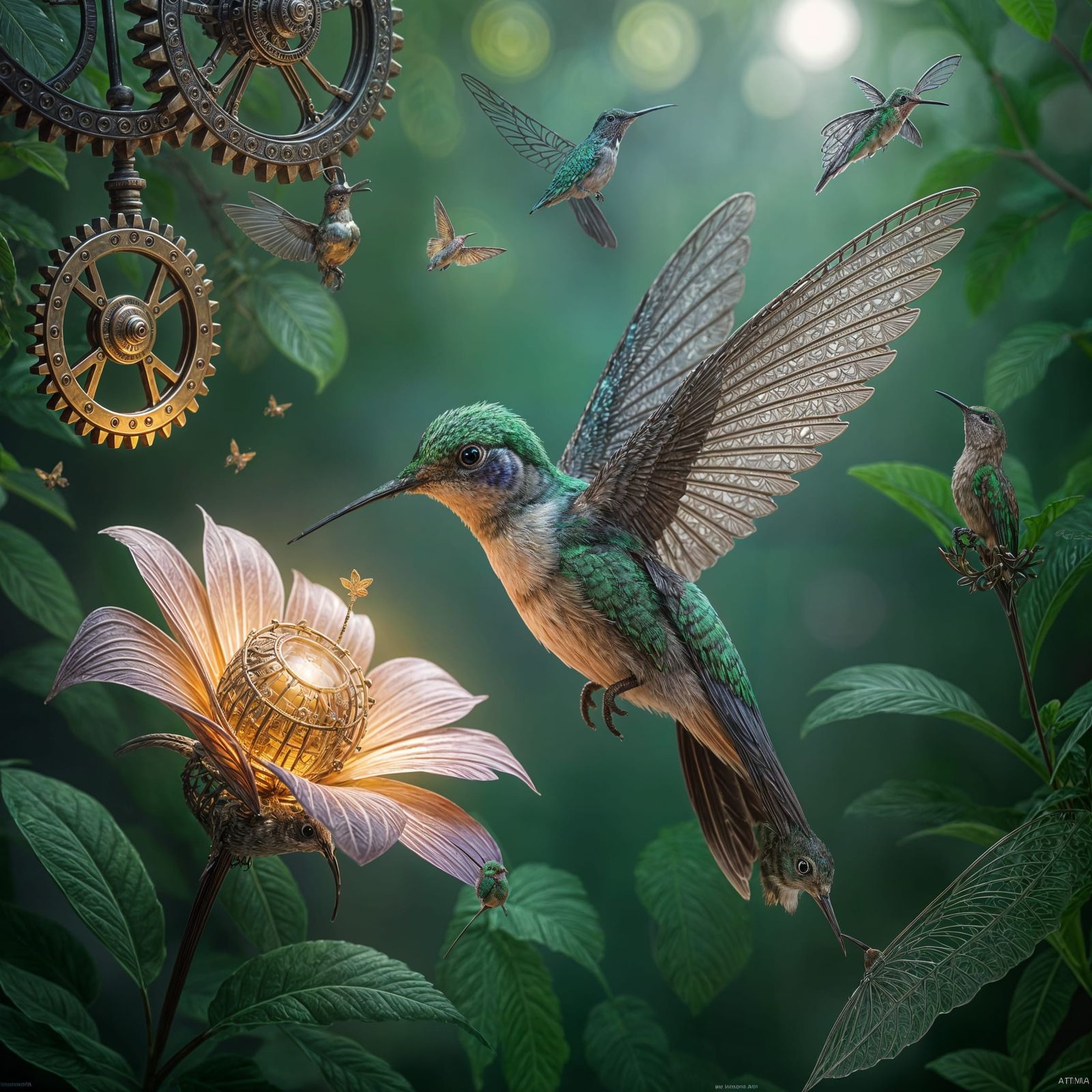 Steampunk Hummingbird Sipping Nectar in Clockwork Garden