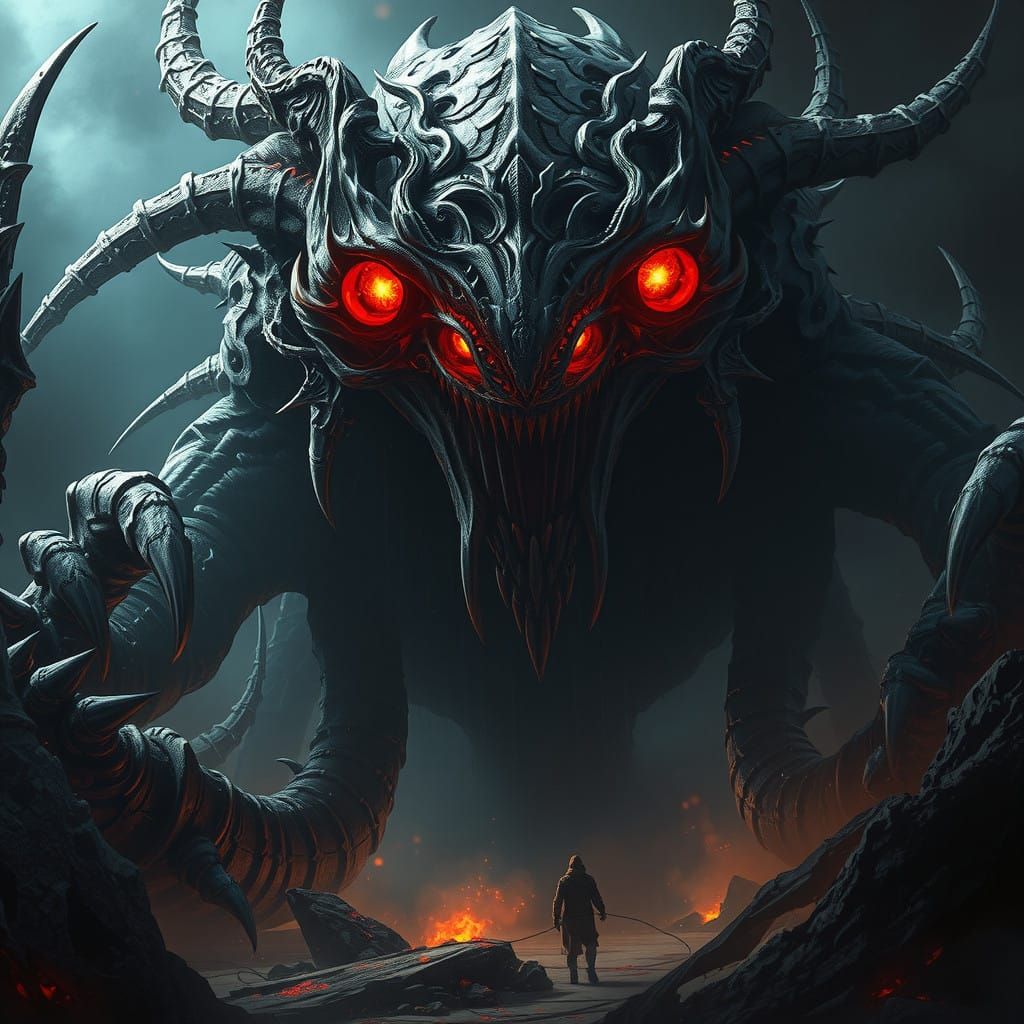 Dark Fantasy Behemoth with Glowing Red Eyes in the Shadows