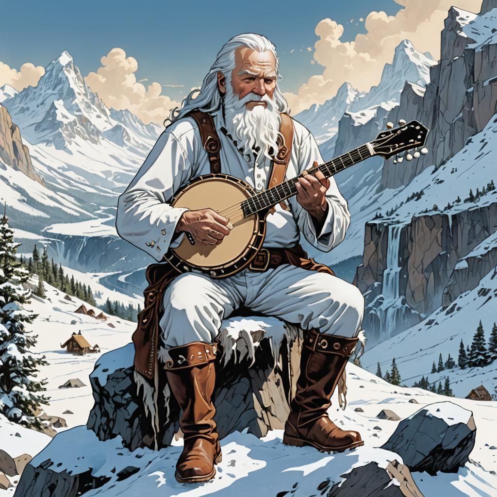 White Banjo Player in Snowy Mountains, Comic Book Art
