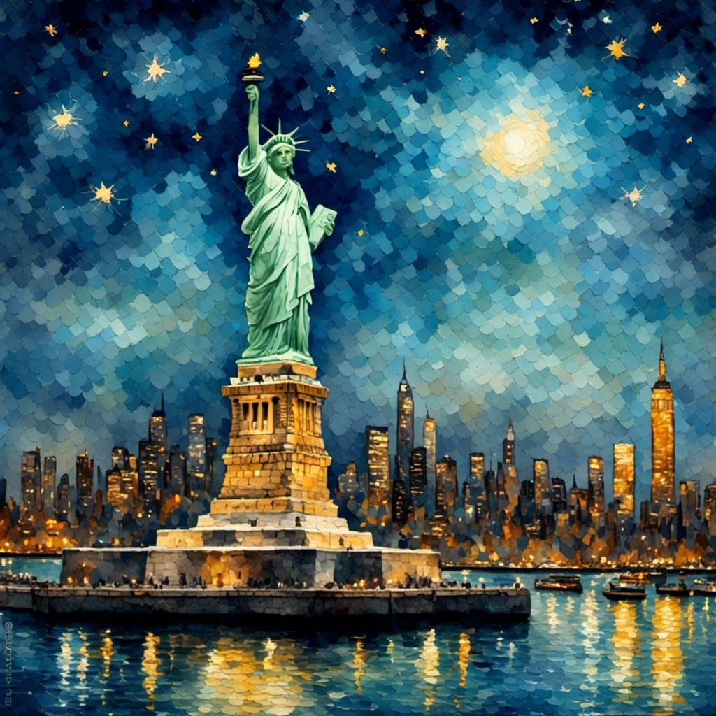 Statue of Liberty in Antique Impasto Watercolor