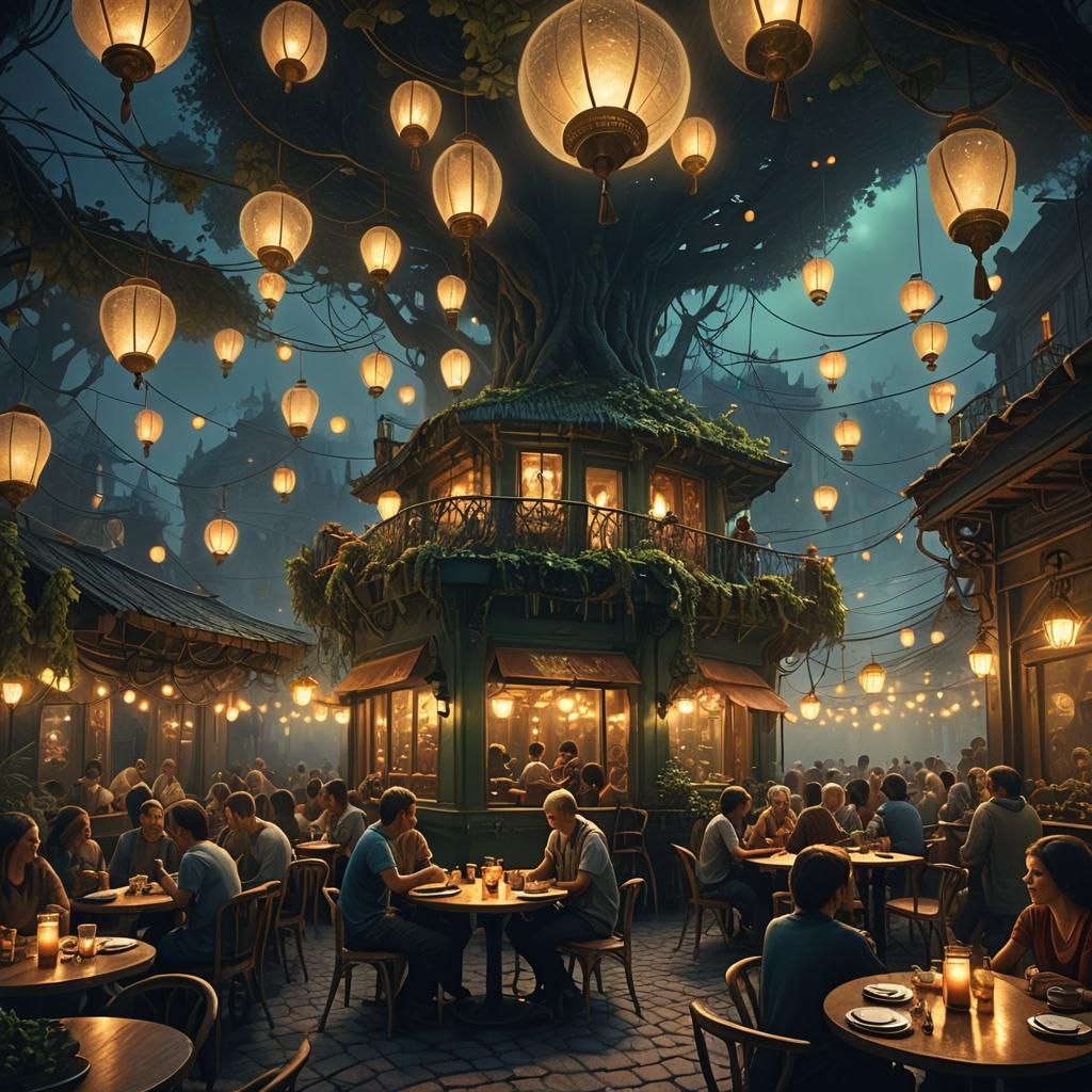 Mystical Cafe at Night: Fantasy Concept Art