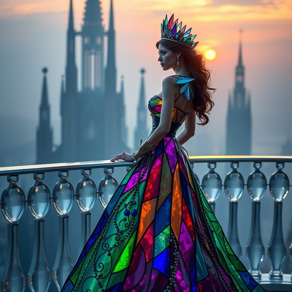 Fantasy Queen in Glass Dress on Crystalline Balcony at Sunri...