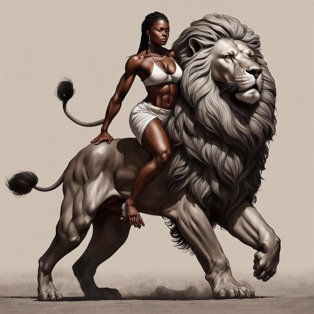 Muscular African Girl Riding a Lion