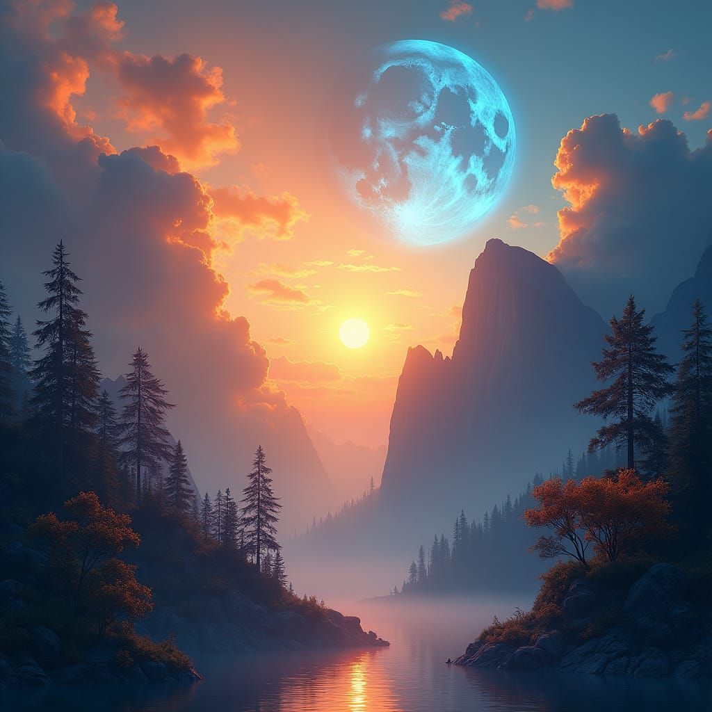 Magical Sunset and Moonrise Split Image, Detailed Matte Pain...