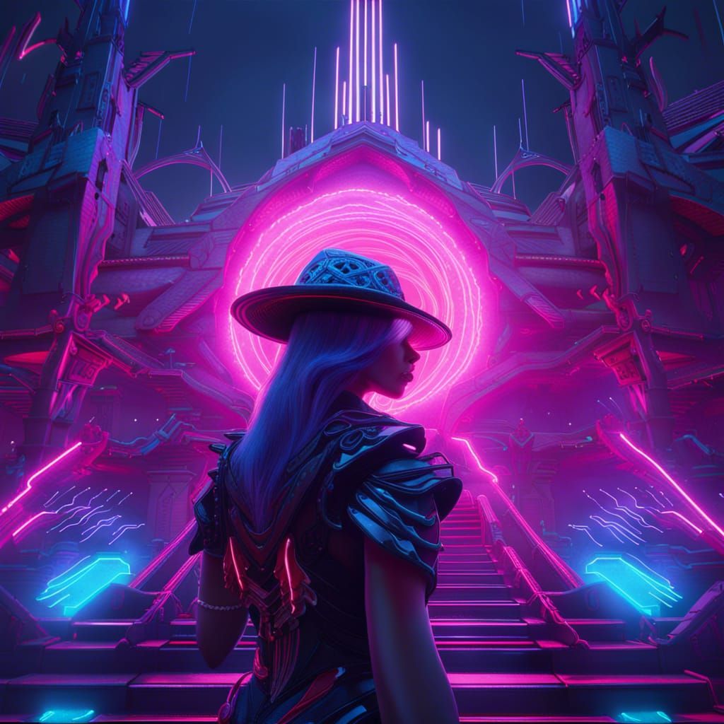 Synthwave Cyber Witch: Detailed Digital Matte Painting