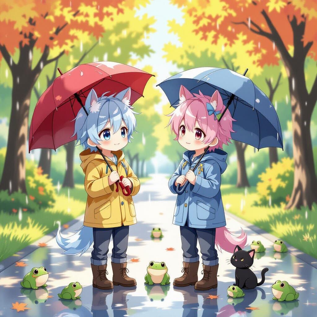 Anime Boys with Horse Ears Under Umbrellas in Autumn Rain