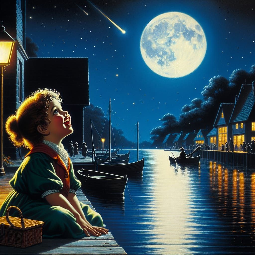Girl Watching Shooting Star on Moonlit Dock