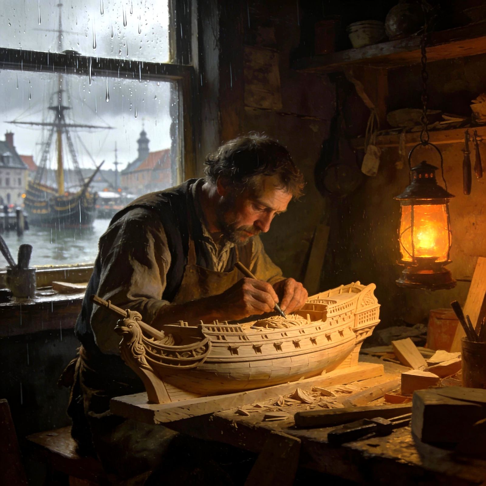 19th Century Ship Carver in Lantern Lit Workshop