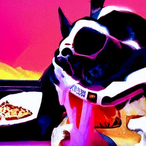 Boston Terrier Dog Eating Pizza in Synthwave Style