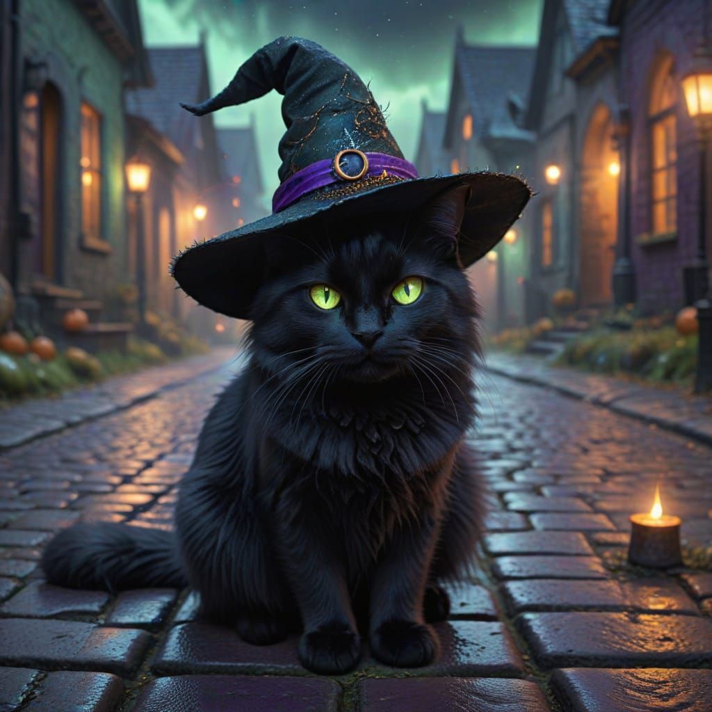 Fuzzy Black Cat with Witch Hat and Glowing Eyes on Halloween...