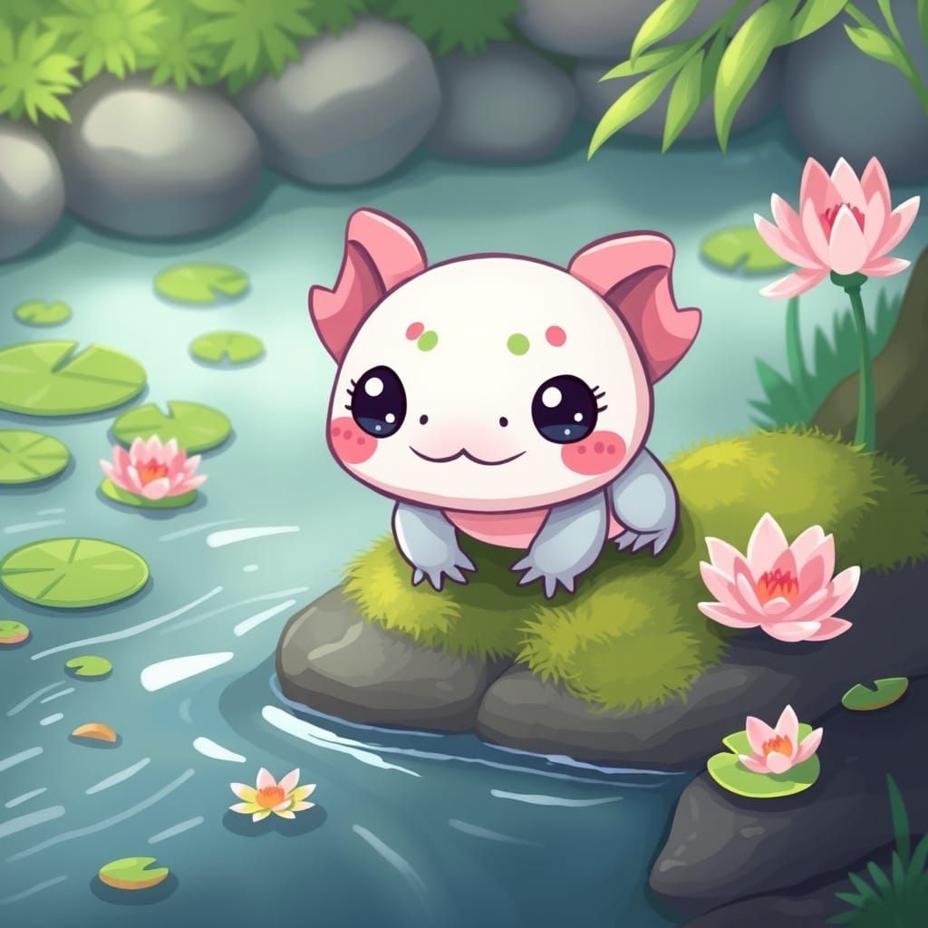Whimsical Chibi Axolotl in a Gentle Stream Scene