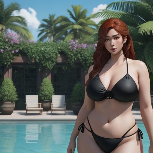Bbw Auburn Haired Woman in Pool: 3D Anime Art