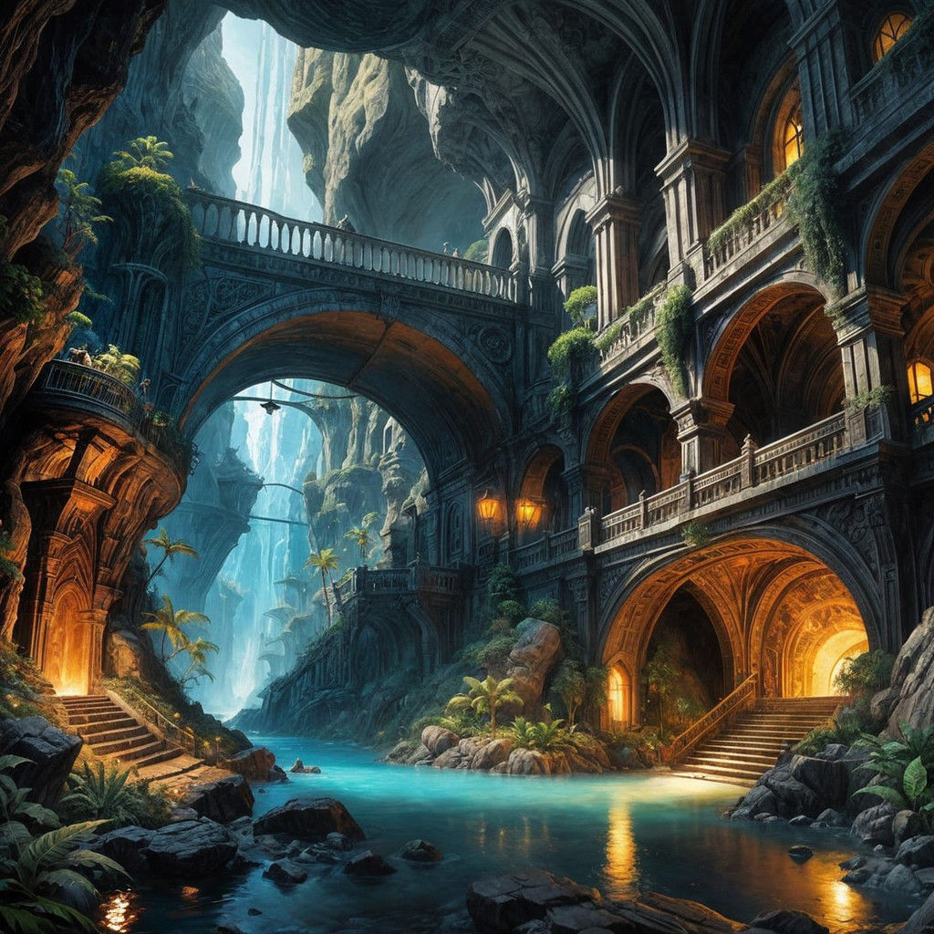 Fantasy Cityscape in a Dark, Colorful Underground Cave