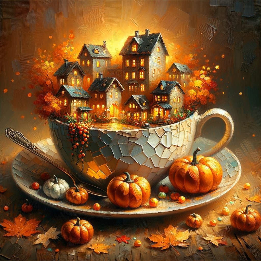 Post-Impressionist Village Inside Teacup Oil Painting