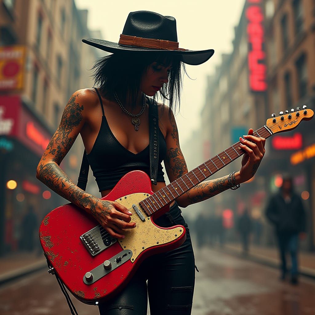 Rebellious Punk Woman Rocks a Distressed Telecaster in Gritt...