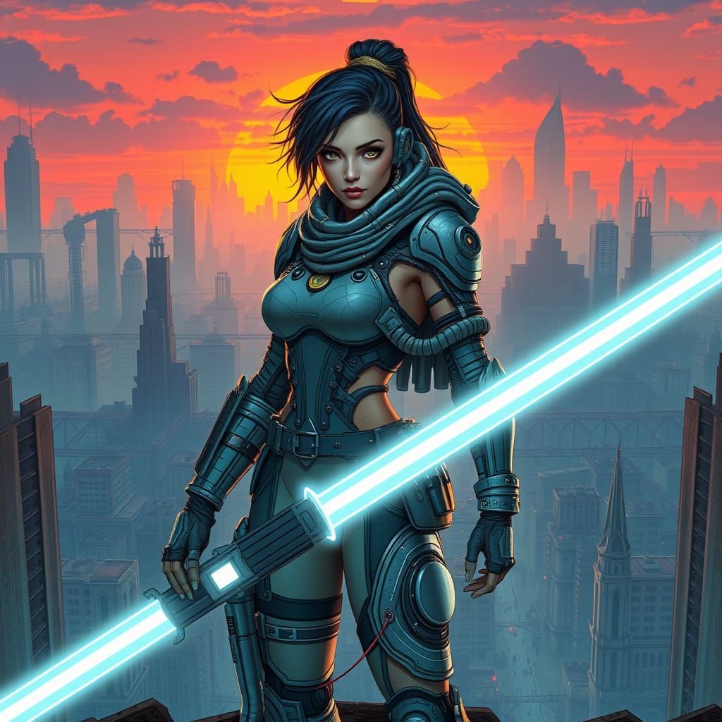 Heroic Warrior in Futuristic Exosuit Confronts Dystopian Cit...