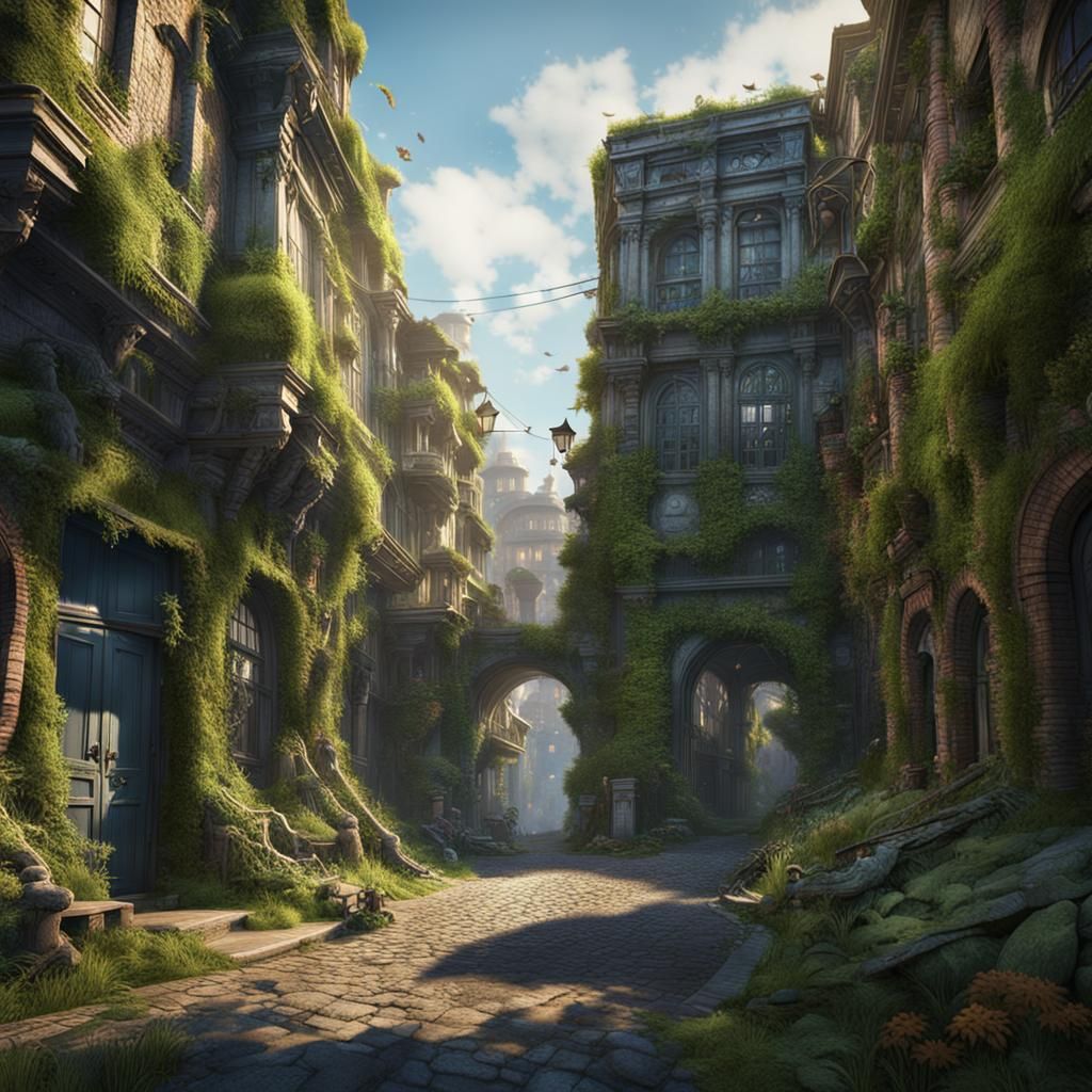 City Street Overtaken by Nature, Detailed Digital Art
