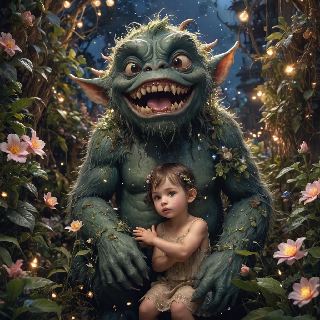 Vintage Toddler Fairy Hugging Grumpy Monster