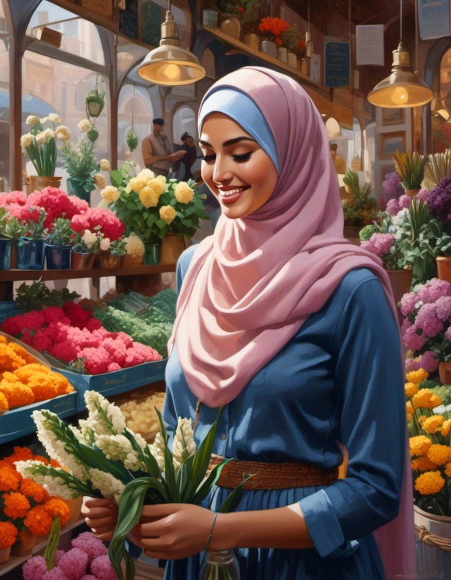Smiling Woman in Flower Shop Oil Painting