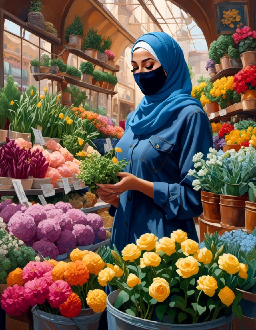 European Woman in Hijab Sells Plants: Oil Painting