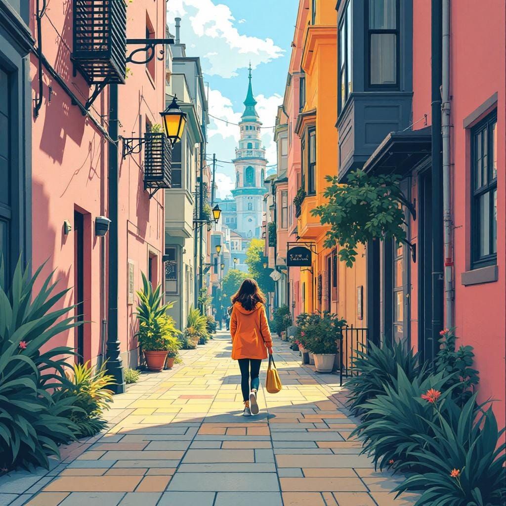 Woman Walking in Sunny Street: Vector Art Style