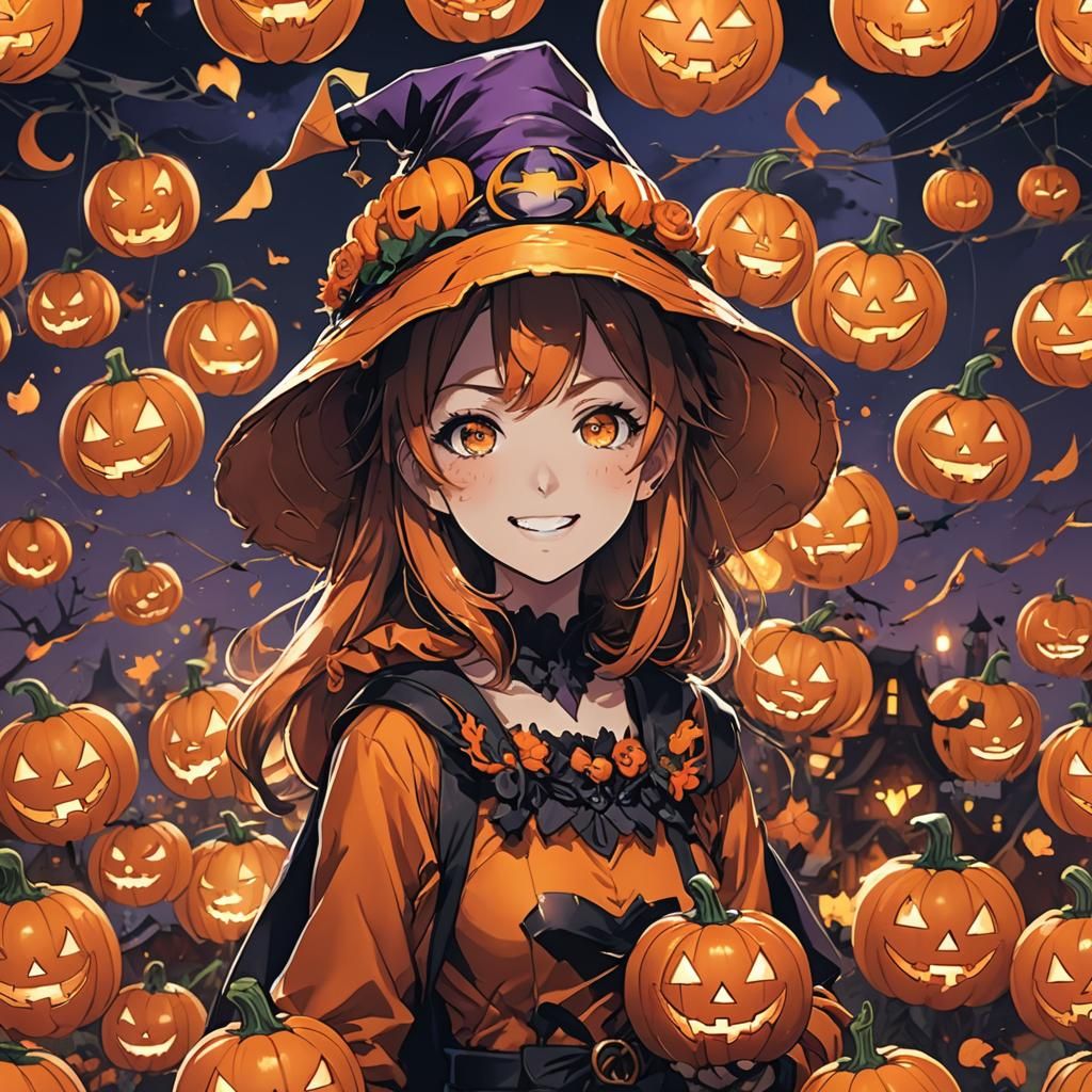 Anime Girl at Halloween Party with Pumpkin Hat