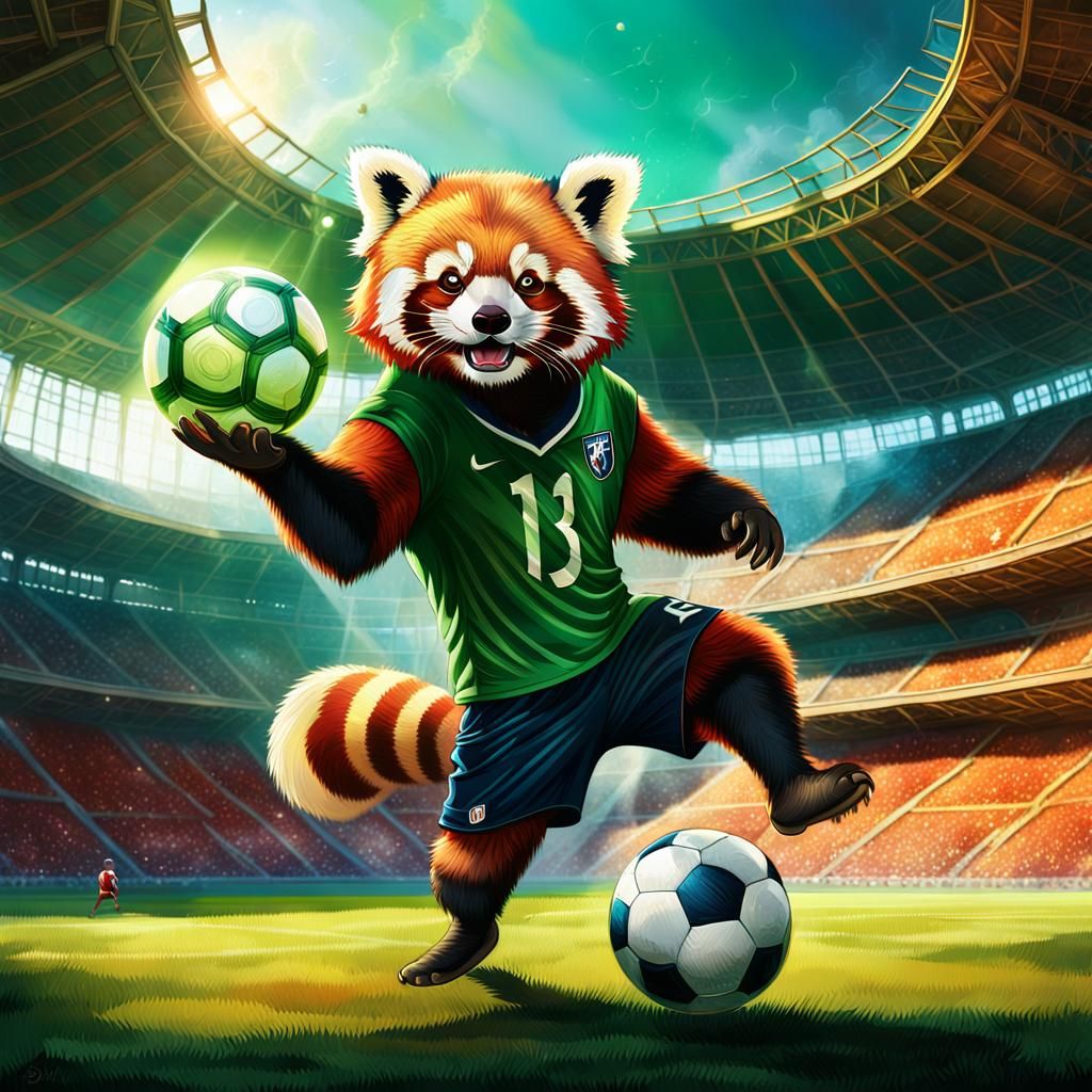 Red Panda Footballer in Mystical Stadium: Fantasy Art