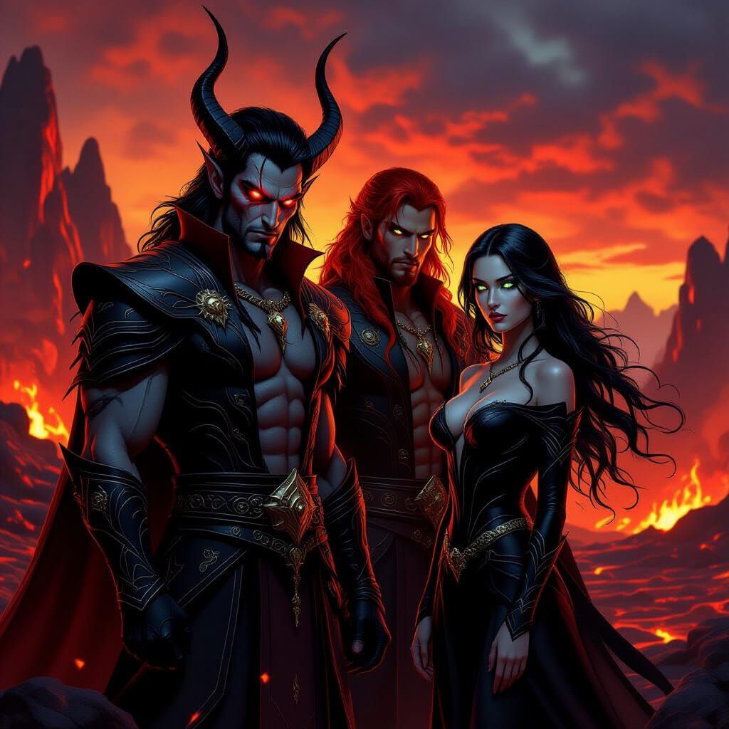 Fantasy Figures in Volcanic Landscape