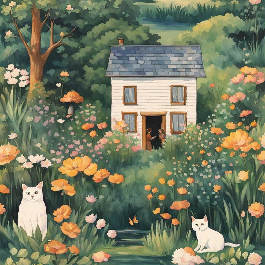 Moonlit Garden Scene with Cat and Shed in Gouache Style