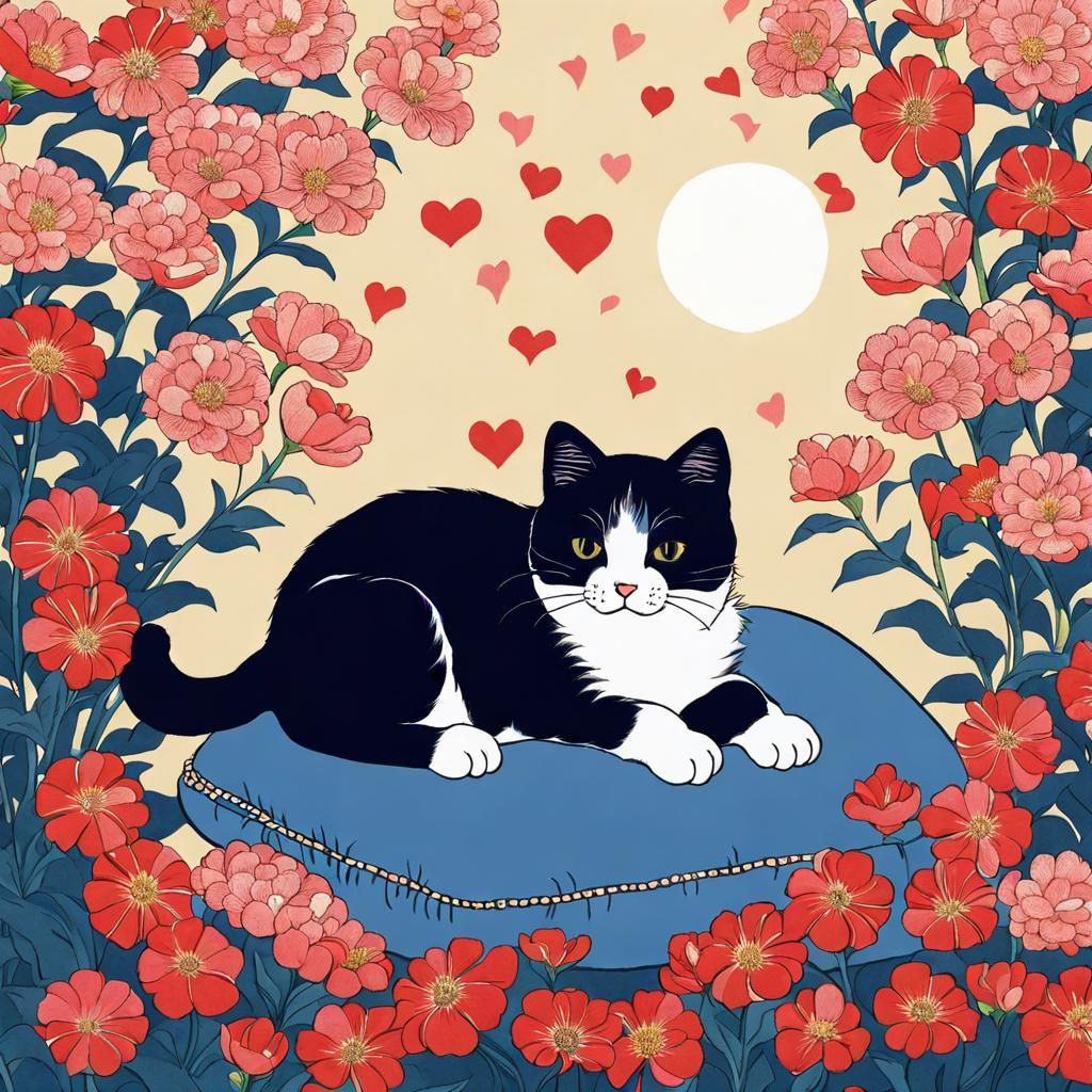 Cute Cat in Ukiyo-e Style with Flowers