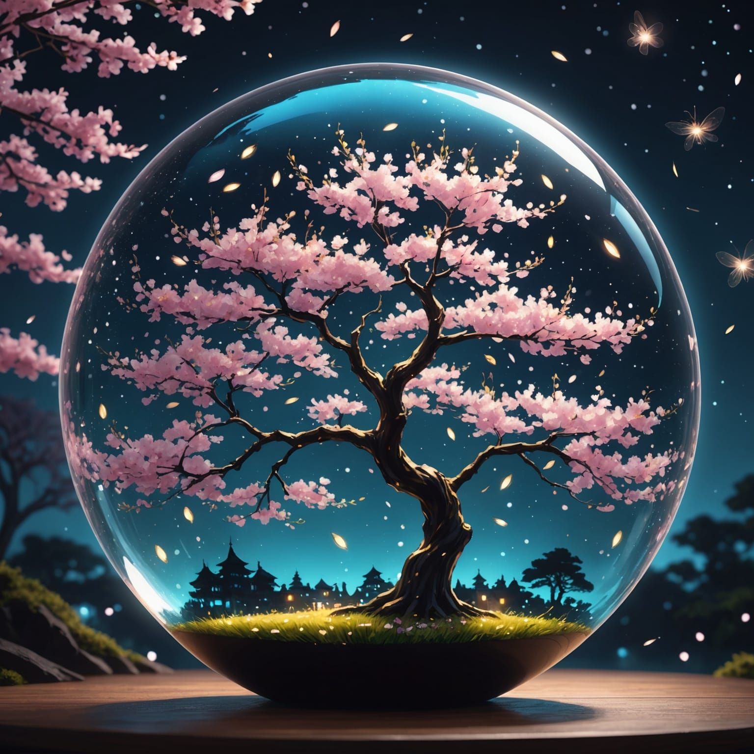 Glowing Cherry Blossom Tree in Glass Sphere: Manga Oil Paint